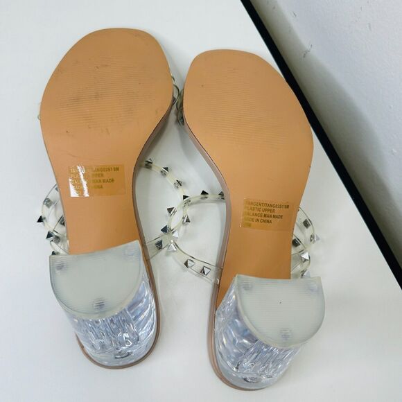 Steve Madden Nude Lucite Tangent Cone Heel Clear Silver Studded Strappy Sandal 9 - Picture 14 of 16
